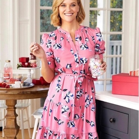 Draper James Dresses & Skirts - Draper James Pink Floral Button Down Ruffle Short Sleeve Cotton Stretch Dress